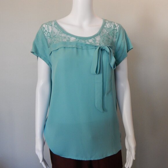 LC Lauren Conrad Womens Bow Front Laced Short Sleeved Blouse Light Blue/Green XL - Picture 8 of 10